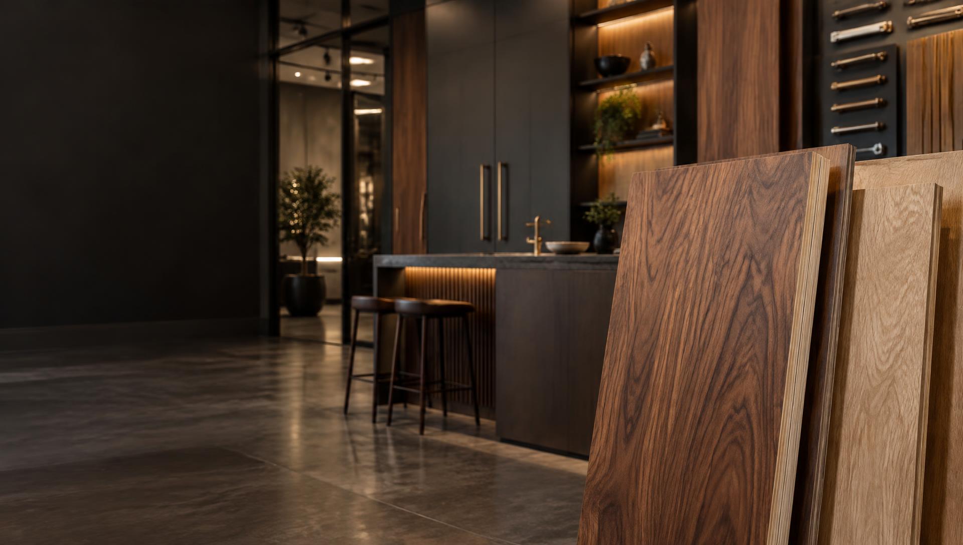 Premium plywood sheets displayed in an architectural materials showroom